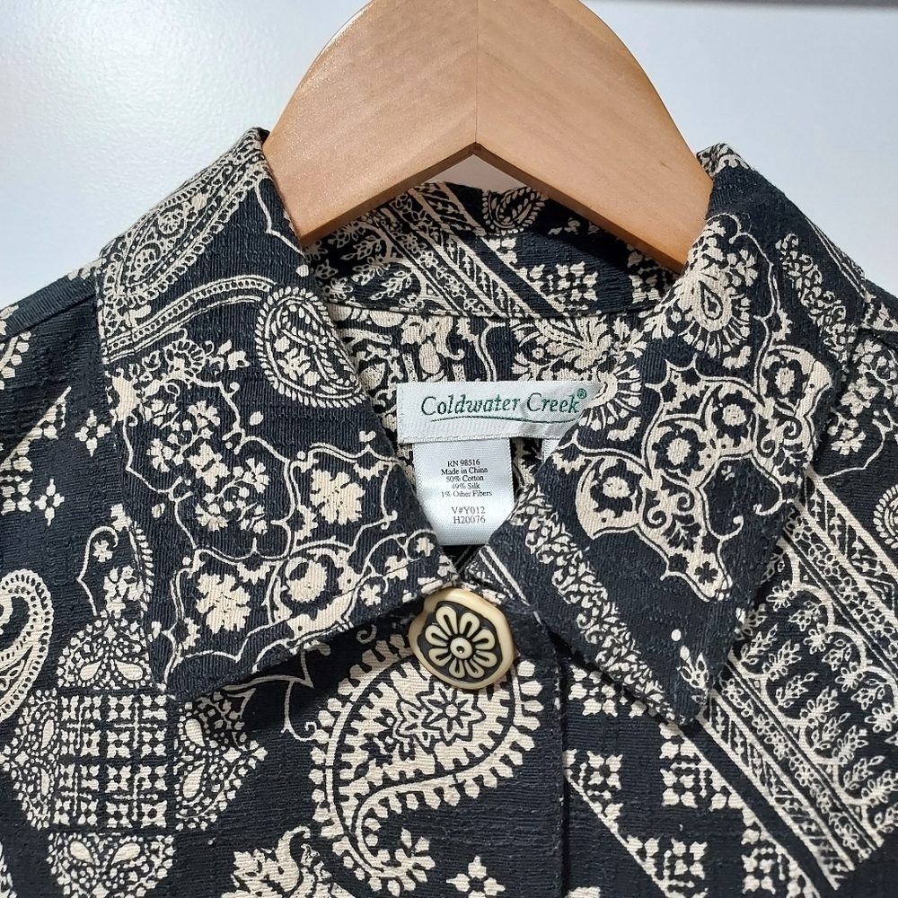Old Money Coldwater Creek Black & Taupe Paisley Jacket Medium Cotton / Silk - Picture 2 of 8